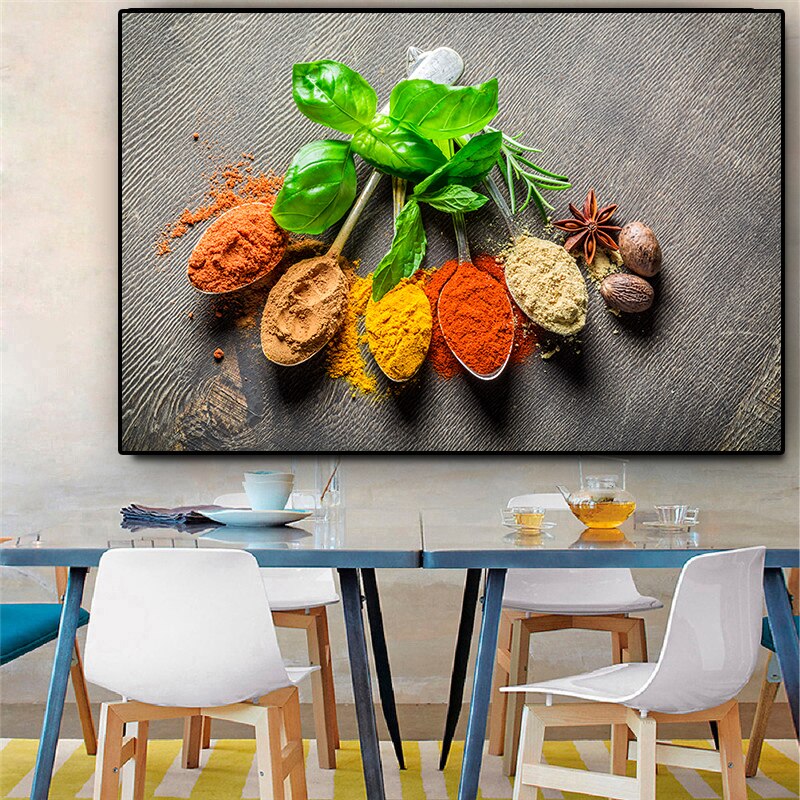 Grains Spices Spoon Green Plant Kitchen Canvas Painting Cuadros Posters and Prints