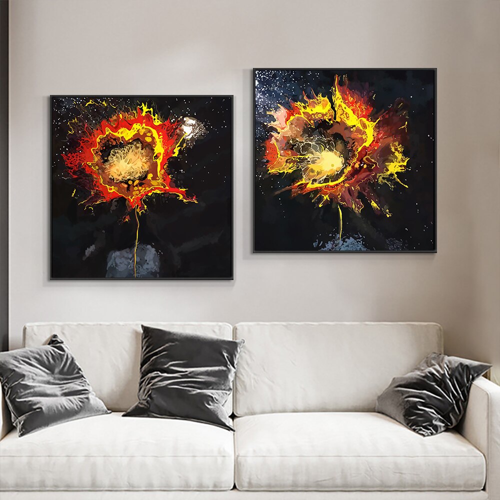 Abstract Bright Red Poppy Flower Painting On Canvas Nordic Plant Wall Art Prints