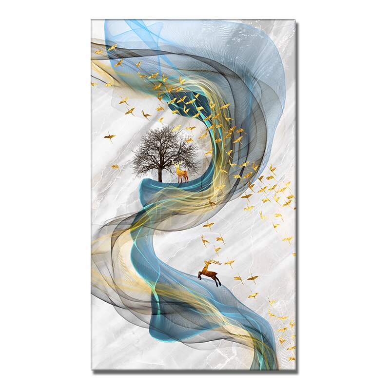 Abstract Blue Lake White Waves With Gold Canvas Painting Modern Nordic