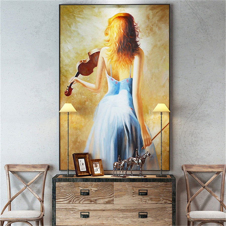 High-quality hand-painted oil painting girl playing the violin