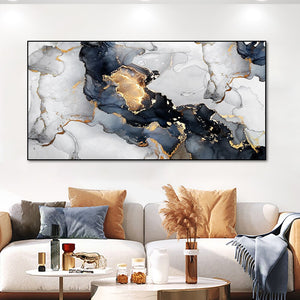 Abstract Blue Lake White Waves With Gold Canvas Painting Modern Nordic