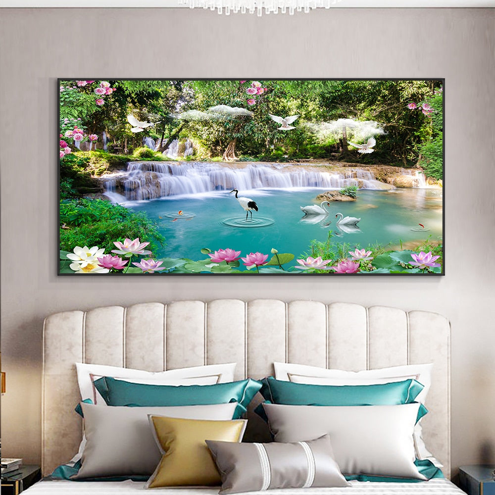 Abstract Swan Waterfall Lotus Canvas Painting Wall Art Modern Nordic Landscape