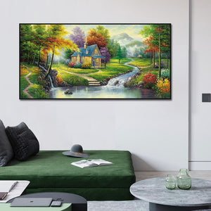 Abstract House Garden River Trees Painting Printed On Canvas Nordic Wall