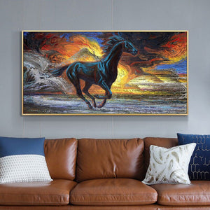 Modern Black  Horses Running  Oil Painting HD Print on Canvas Poster