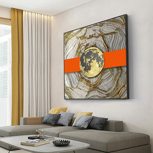 Abstract Black Circle With Golden Foils Orange Geometric Canvas Painting Nordic