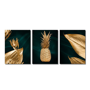 Abstract Golden Pineapple Canvas Painting Modern Nordic Golden Leaves Posters