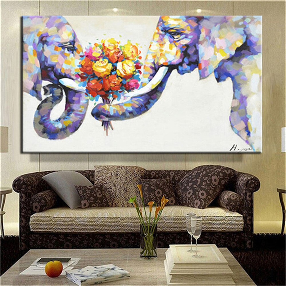 Oil Painting On Canvas Thick Knife Wall Art Picture Color Elephant Poster