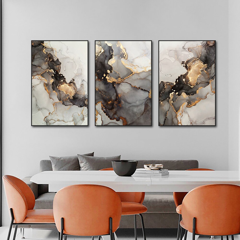 Abstract Coffee Marble With Gold Foils Canvas Painting Nordic Posters