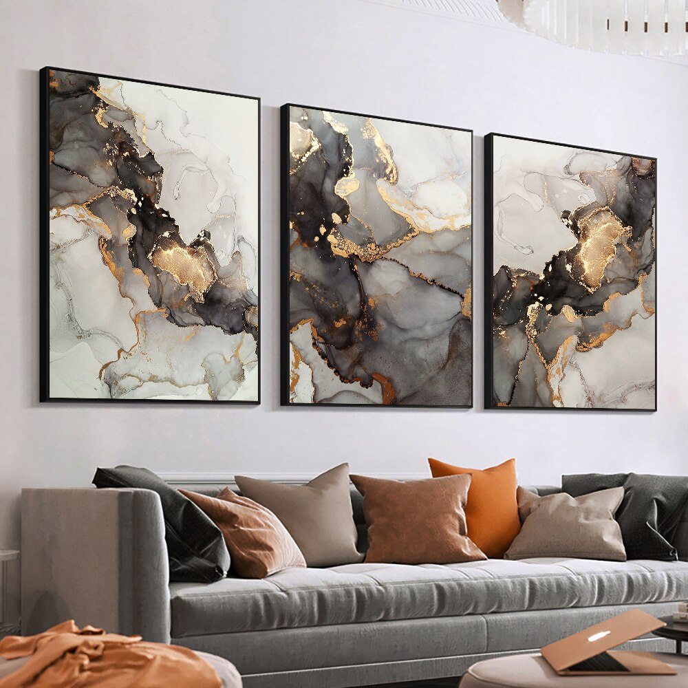 Abstract Coffee Marble With Gold Foils Canvas Painting Nordic Posters