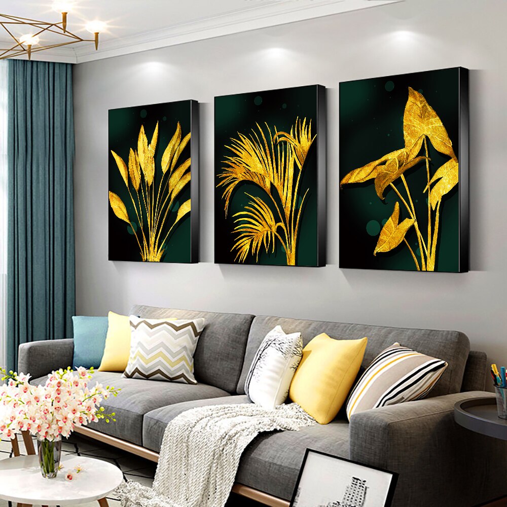 Abstract Golden Leaves Canvas Painting Nordic Style Plant Flower Posters