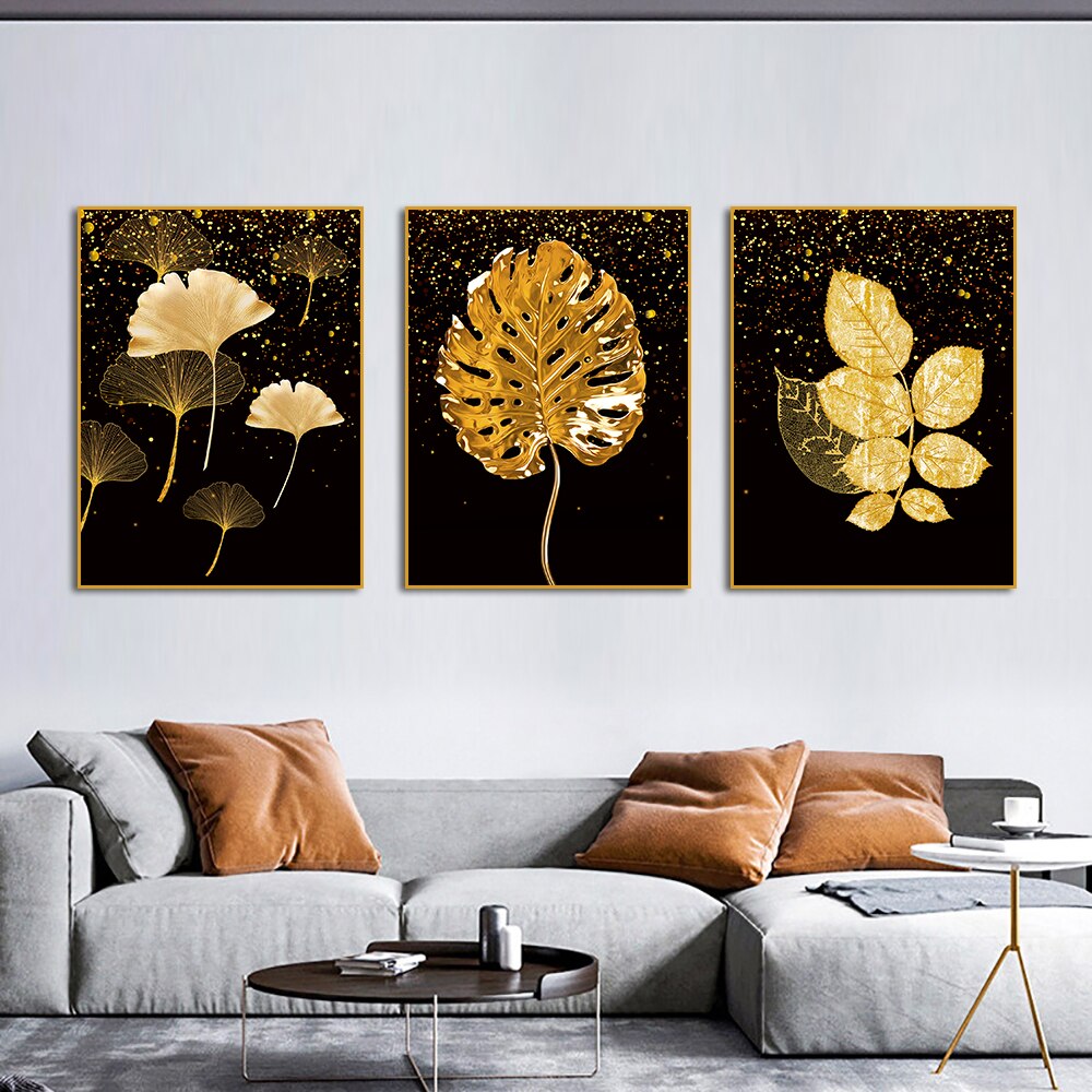 Abstract Golden Leaves Canvas Painting Modern Nordic Posters