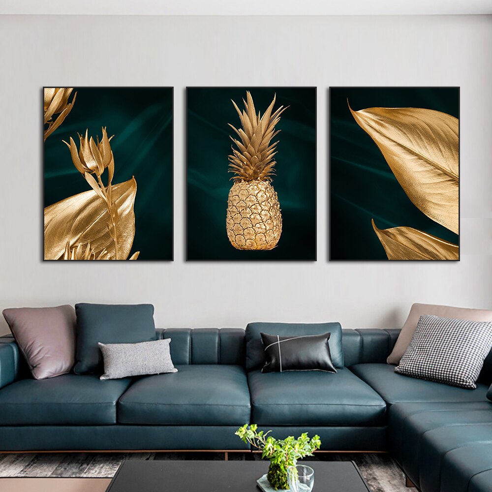 Abstract Golden Pineapple Canvas Painting Modern Nordic Golden Leaves Posters