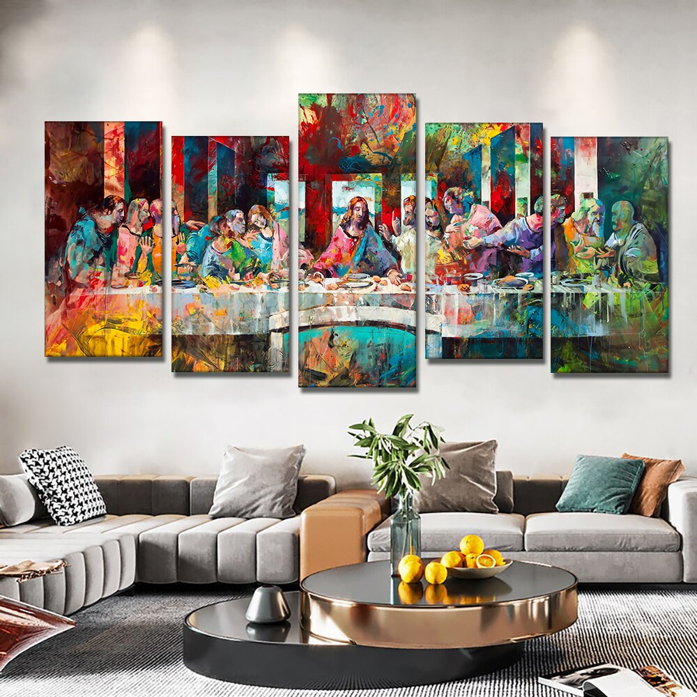 5pcs Set The Last Supper Canvas Painting Colorful Watercolor Famous Posters And Prints Wall