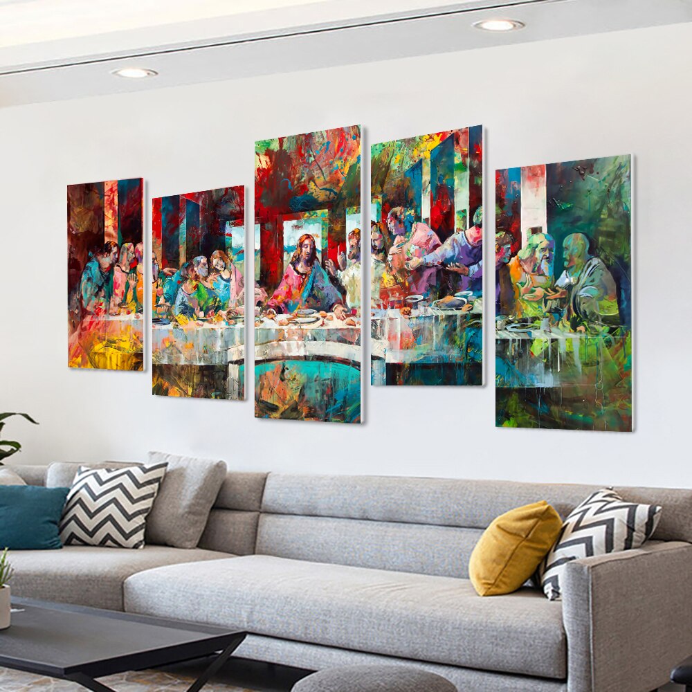 5pcs Set The Last Supper Canvas Painting Colorful Watercolor Famous Posters And Prints Wall