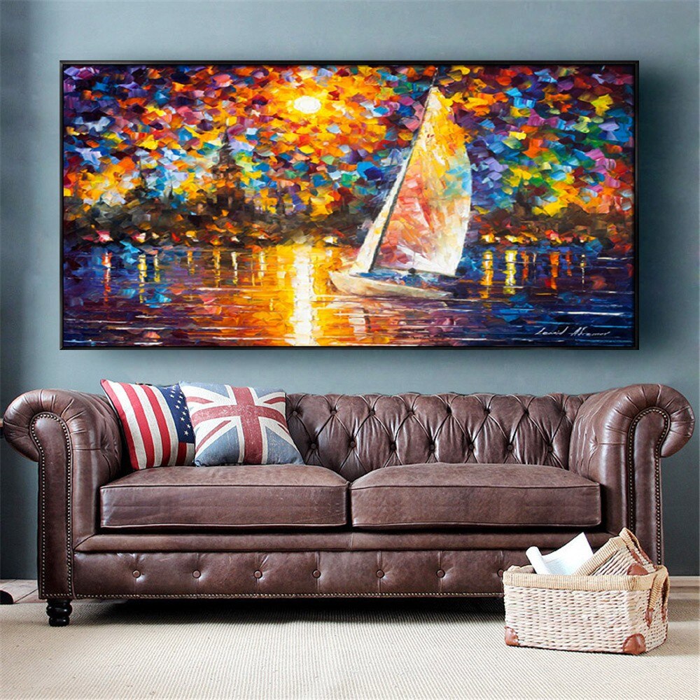 Large Handmade Sailboat Oil Painting On Canvas Picture Colorful