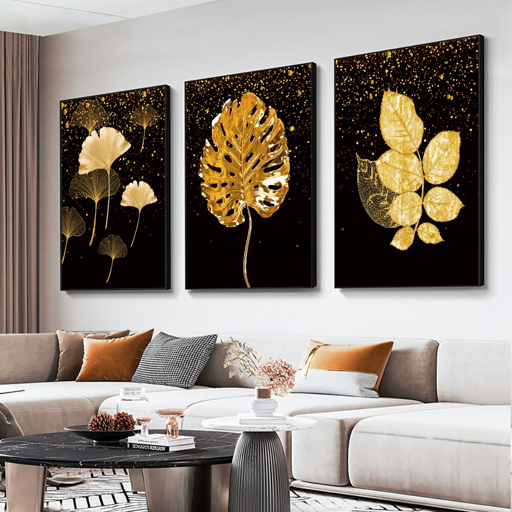 Abstract Golden Leaves Canvas Painting Modern Nordic Posters