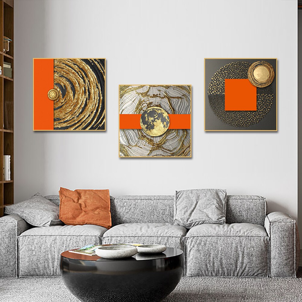 Abstract Black Circle With Golden Foils Orange Geometric Canvas Painting Nordic