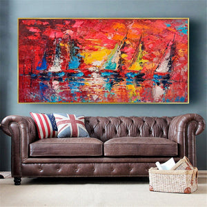 Large Handmade Sailboat Oil Painting On Canvas Picture Colorful