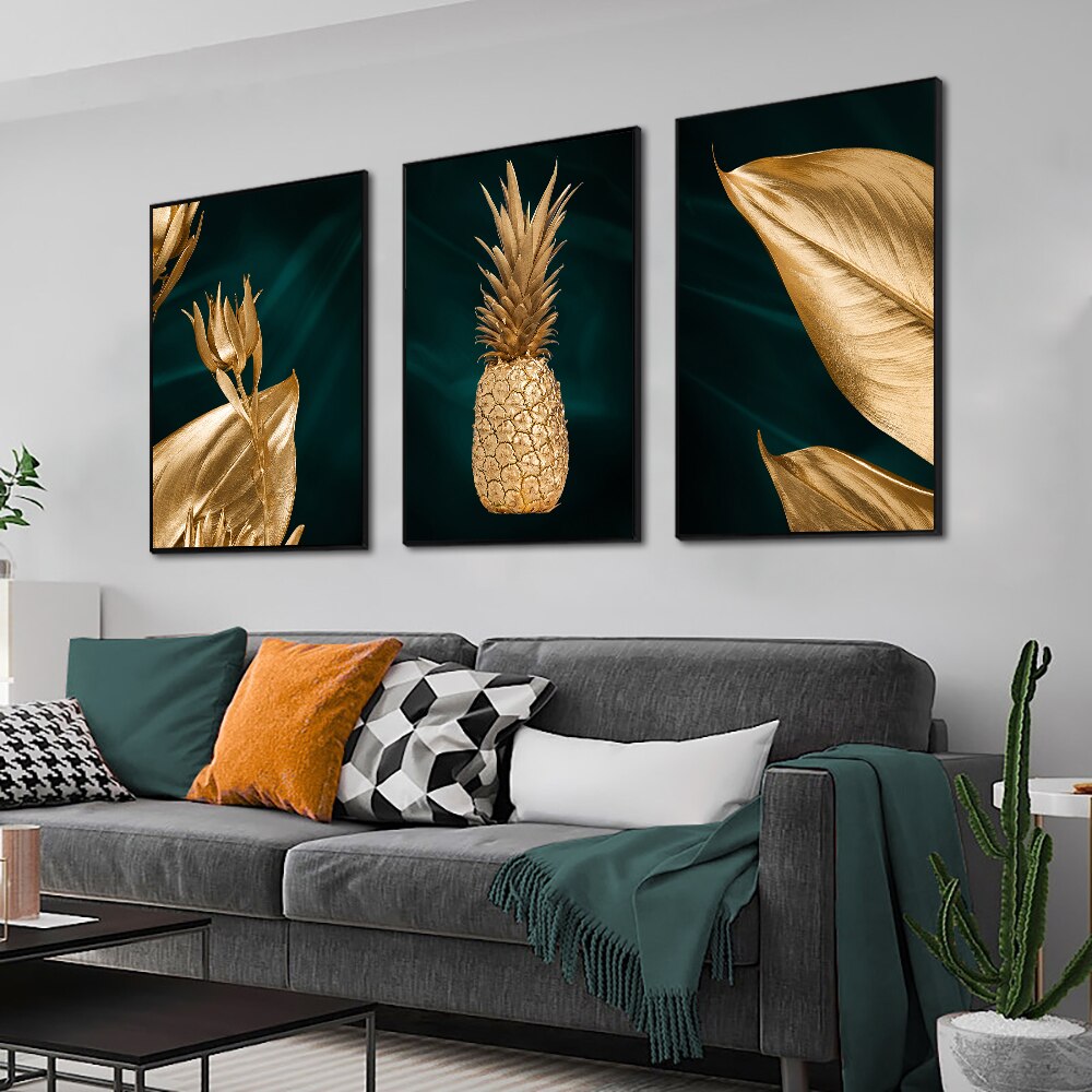 Abstract Golden Pineapple Canvas Painting Modern Nordic Golden Leaves Posters