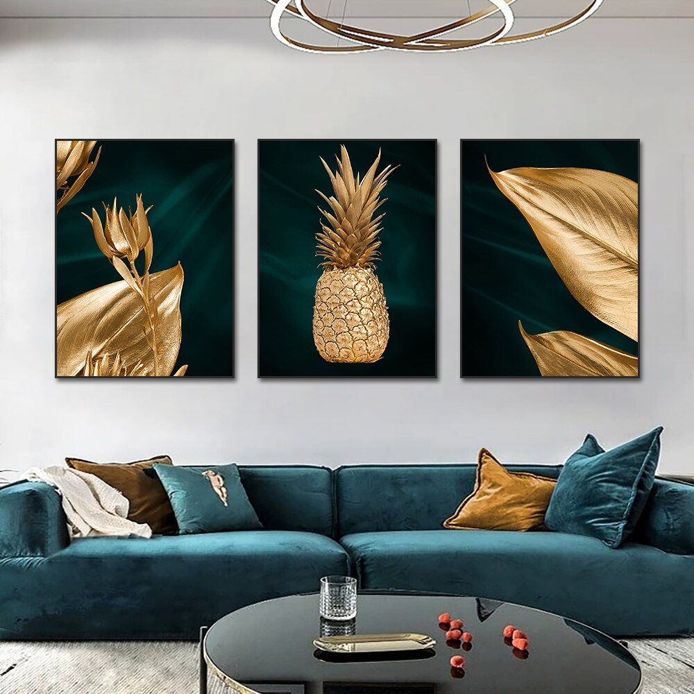 Abstract Golden Pineapple Canvas Painting Modern Nordic Golden Leaves Posters