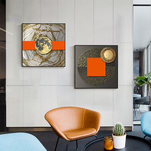 Abstract Black Circle With Golden Foils Orange Geometric Canvas Painting Nordic