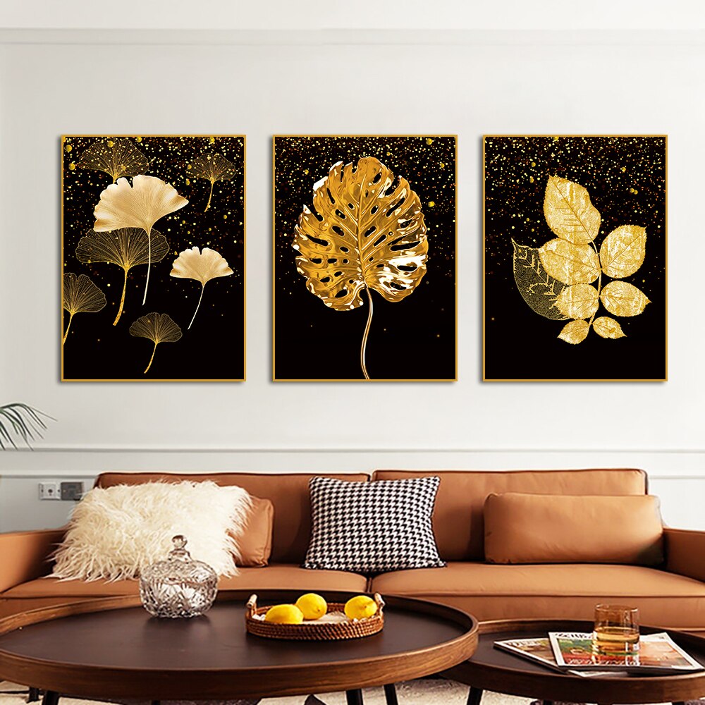 Abstract Golden Leaves Canvas Painting Modern Nordic Posters