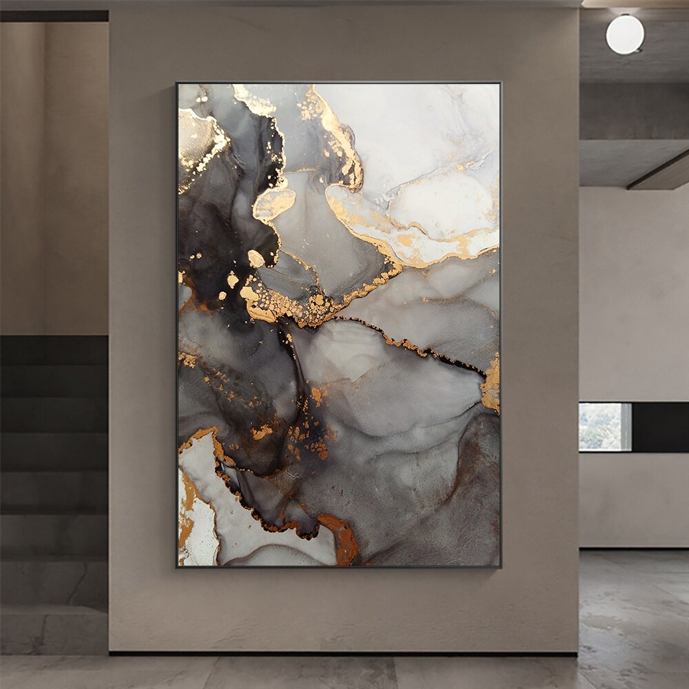 Abstract Coffee Marble With Gold Foils Canvas Painting Nordic Posters