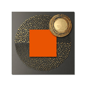 Abstract Black Circle With Golden Foils Orange Geometric Canvas Painting Nordic