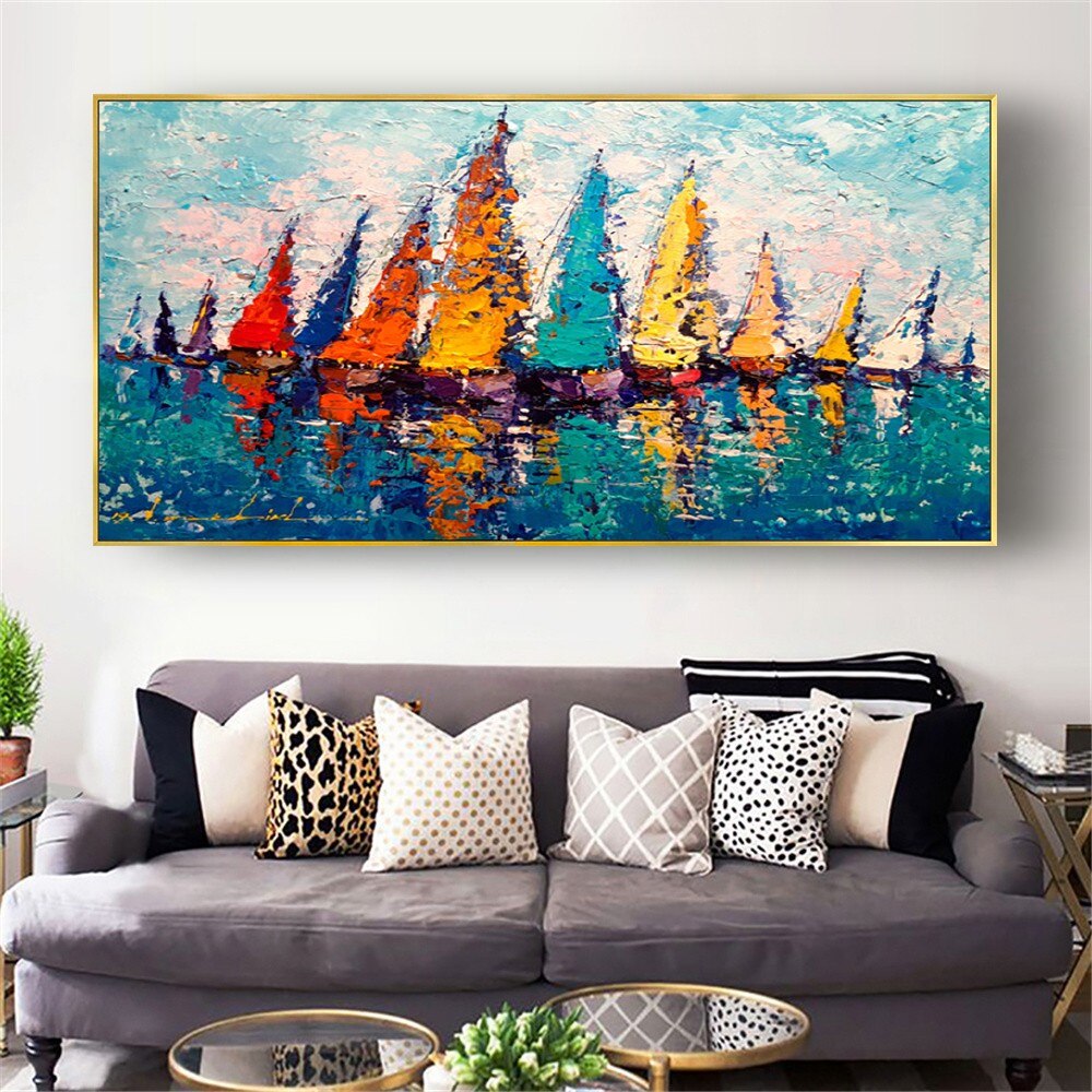 Large Handmade Sailboat Oil Painting On Canvas Picture Colorful