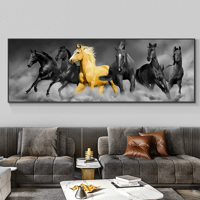 Modern God and  Black Six Horses Running Oil Painting HD Print on Canvas