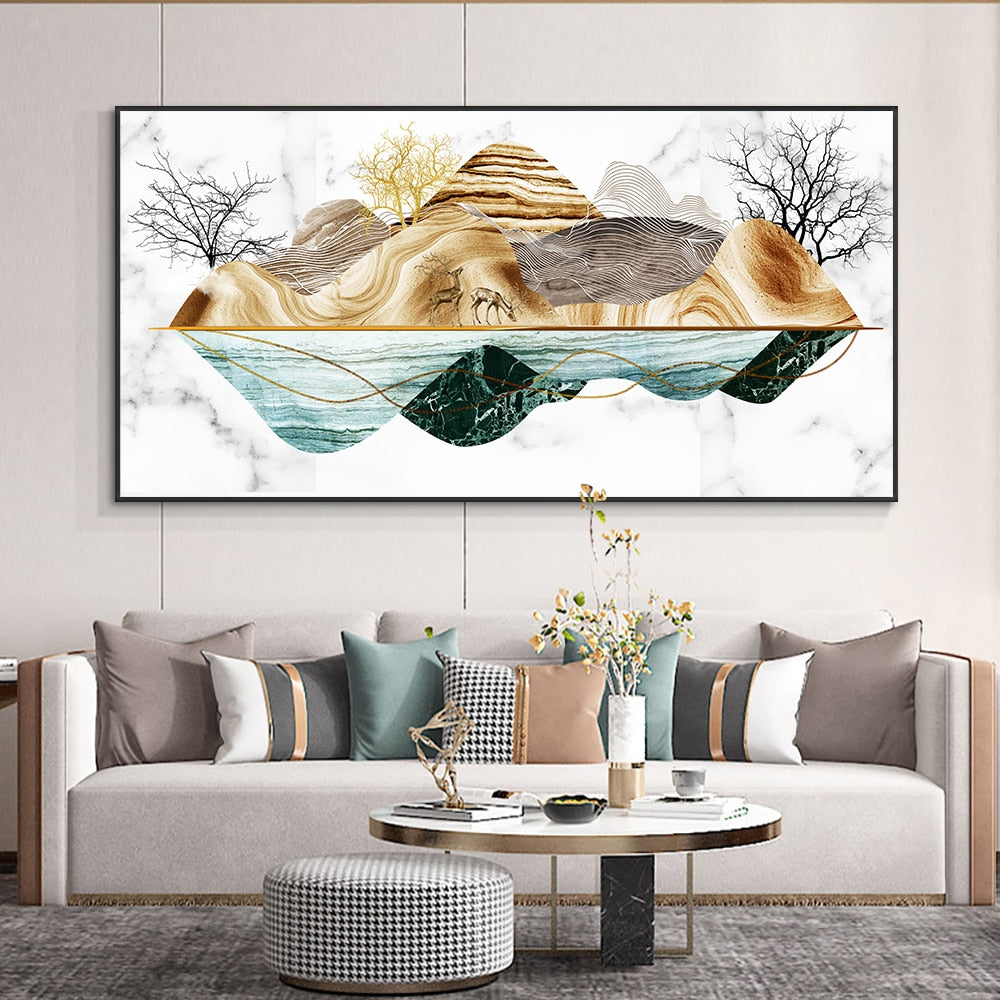 Abstract Mountain Trees Canvas Painting Wall Art Modern Nordic Landscape