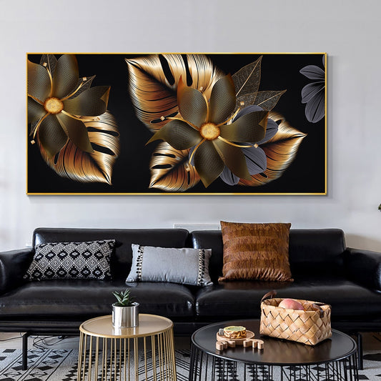 Abstract Grey Black Gold Leaves Canvas Painting Modern Nordic Plant Posters