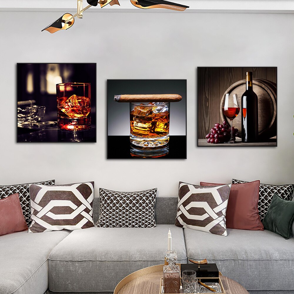 Abstract Red Wine Glass Whisky Canvas Painting Nordic Bar Posters