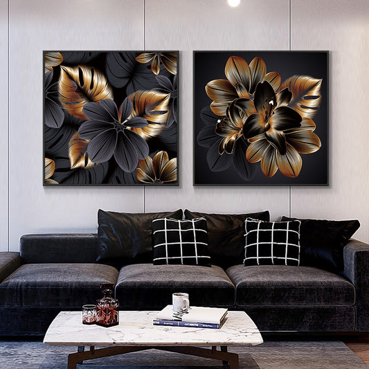 Abstract Grey With Champagne Leaves Painting On Canvas Nordic Plant Wall Art Prints