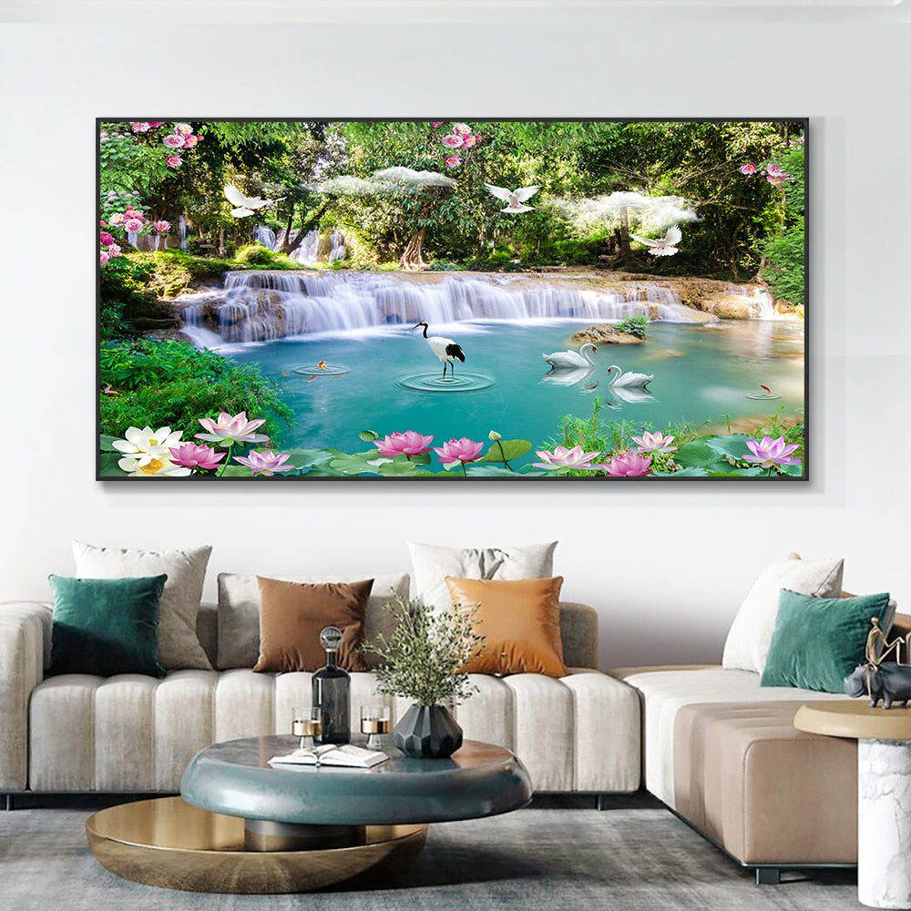 Abstract Swan Waterfall Lotus Canvas Painting Wall Art Modern Nordic Landscape