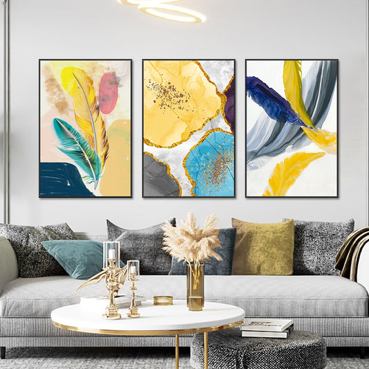 3 Panel Canvas Painting Abstract Yellow Blue Feather Posters And Prints Modern