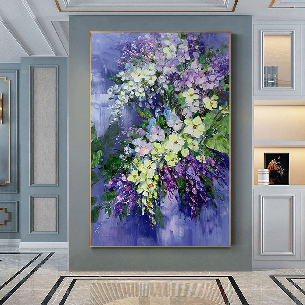 Hand-Painted Purple Blue Oil Painting Abstract Mural Orchid Violet Home Decor