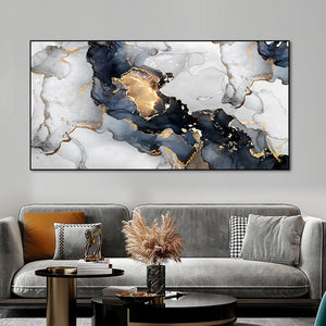 Abstract Blue Lake White Waves With Gold Canvas Painting Modern Nordic