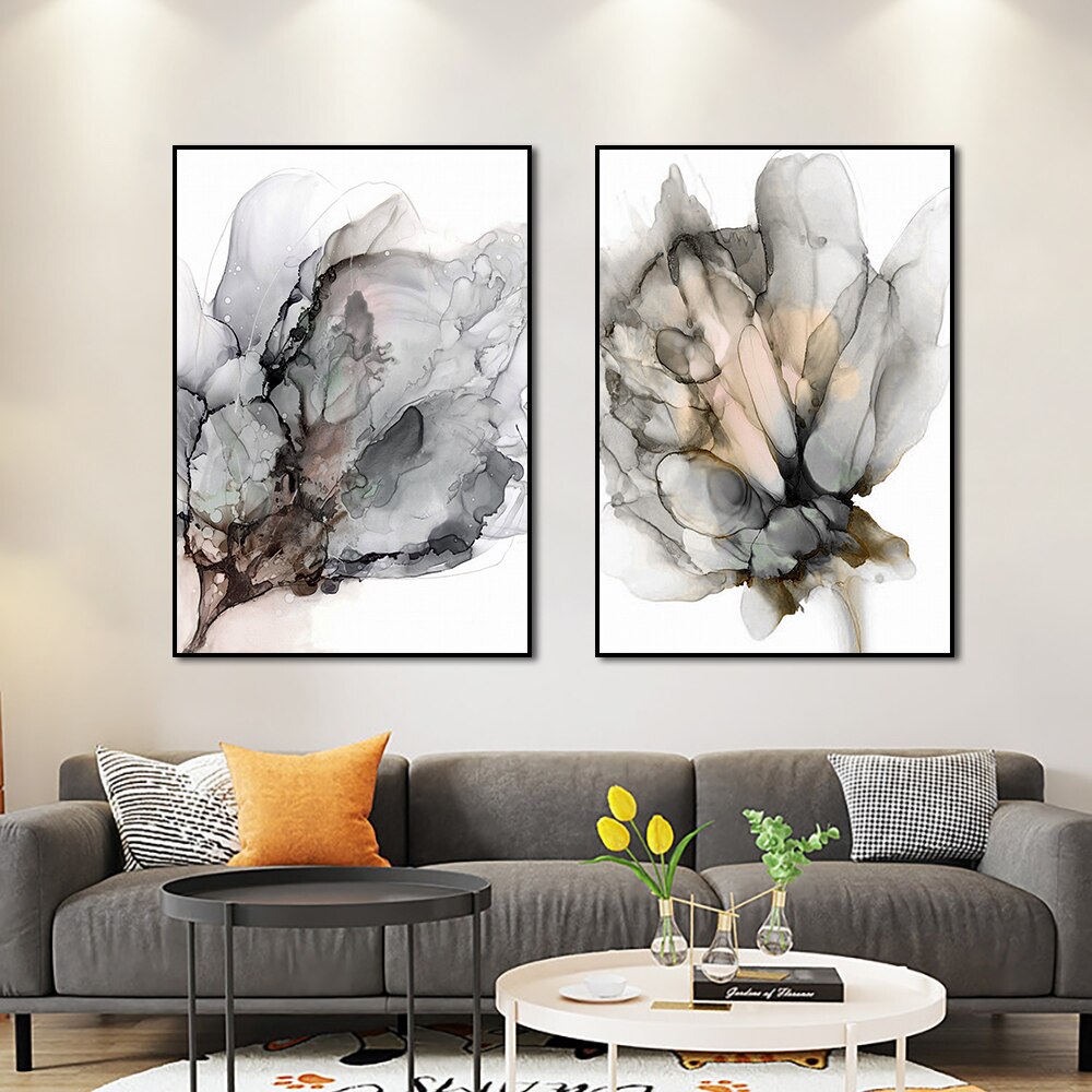 Abstract Watercolor Black Grey Flower Canvas Painting Modern Plant Wall Art Posters