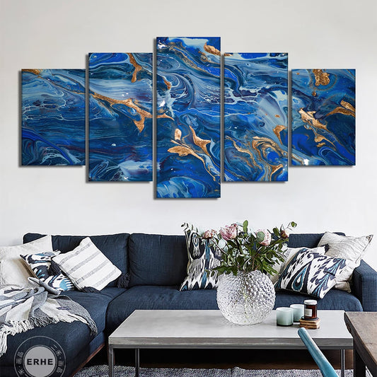 5pcs Set Abstract Blue With Gold Foils Canvas Painting Modern Landscape Posters