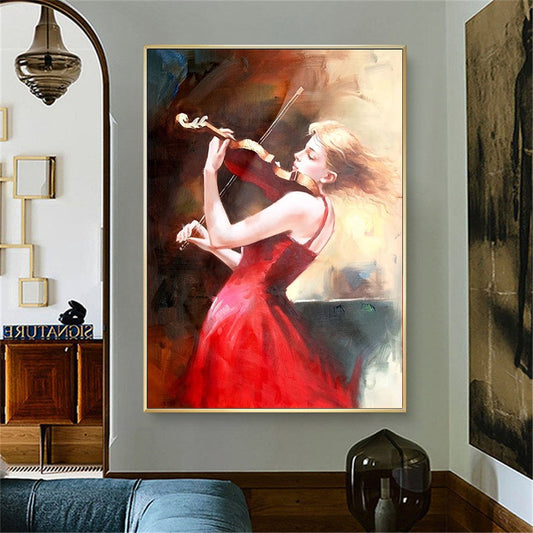 High-quality hand-painted oil painting girl playing the violin