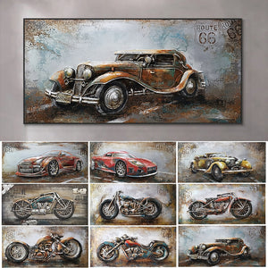 Abstract Retro And Nostalgic Motorcycle Car Oil Painting Printed On Canvas