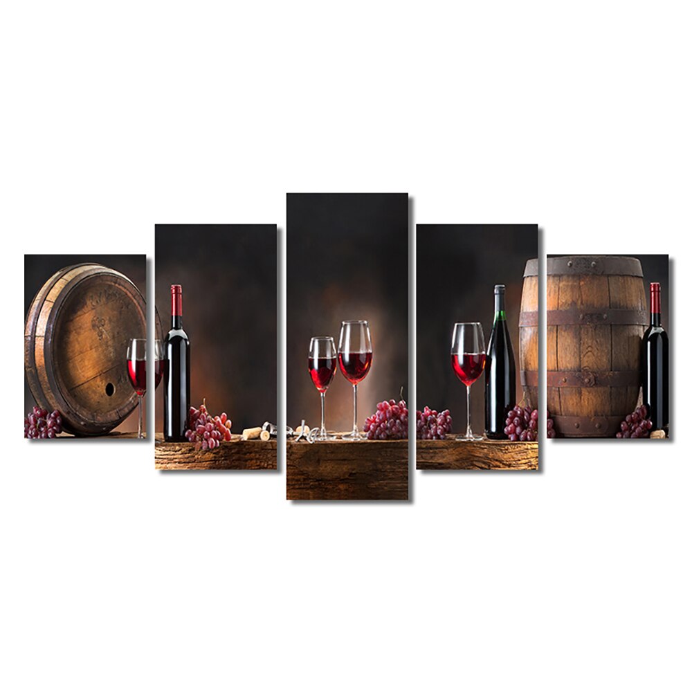 5 panel Abstract Red Wine Glass Grape Wooden Barrel Posters and Prints Cuadros Wall Art Pictures