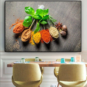 Grains Spices Spoon Green Plant Kitchen Canvas Painting Cuadros Posters and Prints