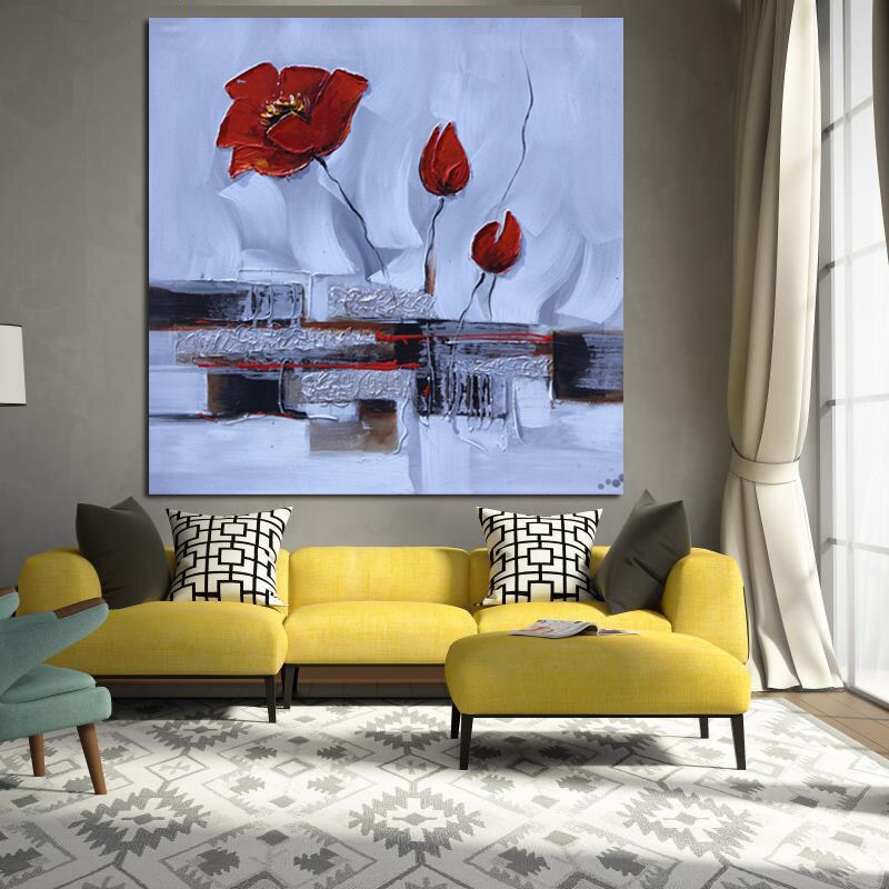 HD Print Modern Red Poppies White Flower Abstract Oil Painting on Canvas Pop