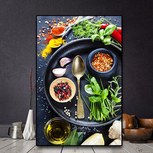 Vegetable Grains Spices Spoon Kitchen Canvas Painting Cuadros Scandinavian Posters