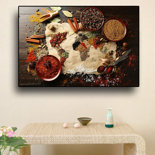 Grains Spices World Map Kitchen Canvas Painting Cuadros Scandinavian Posters and Prints