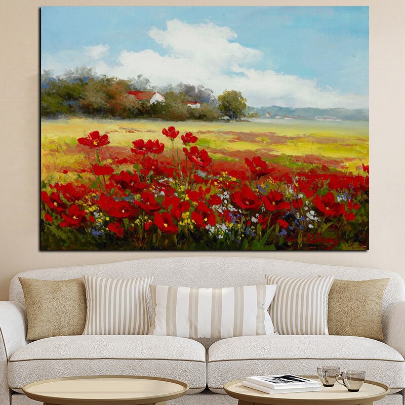 Print Abstract Wild Red Flower Poppies Landscape Oil Painting on Canvas Modern