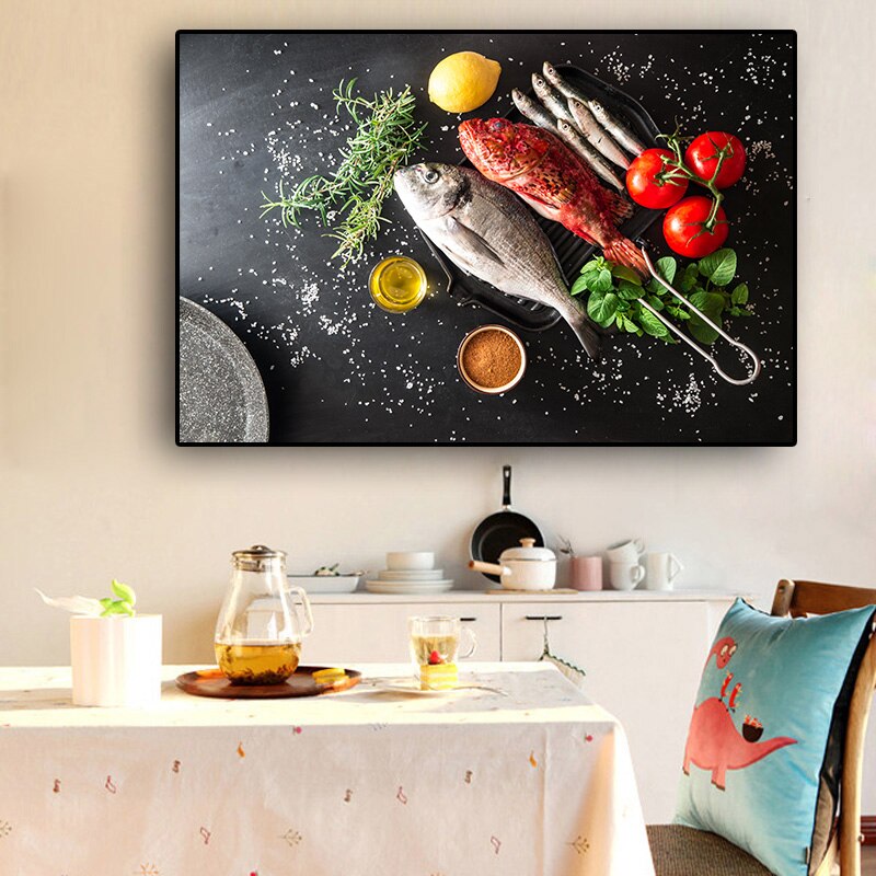 Vegetables Fish Kitchen Canvas Painting Cuadros Modern Scandinavian Restaurant Posters