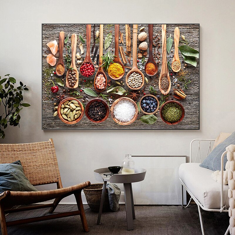 Peppers Grains  Kitchen Canvas Painting Spices Spoon Cuadros Scandinavian Posters